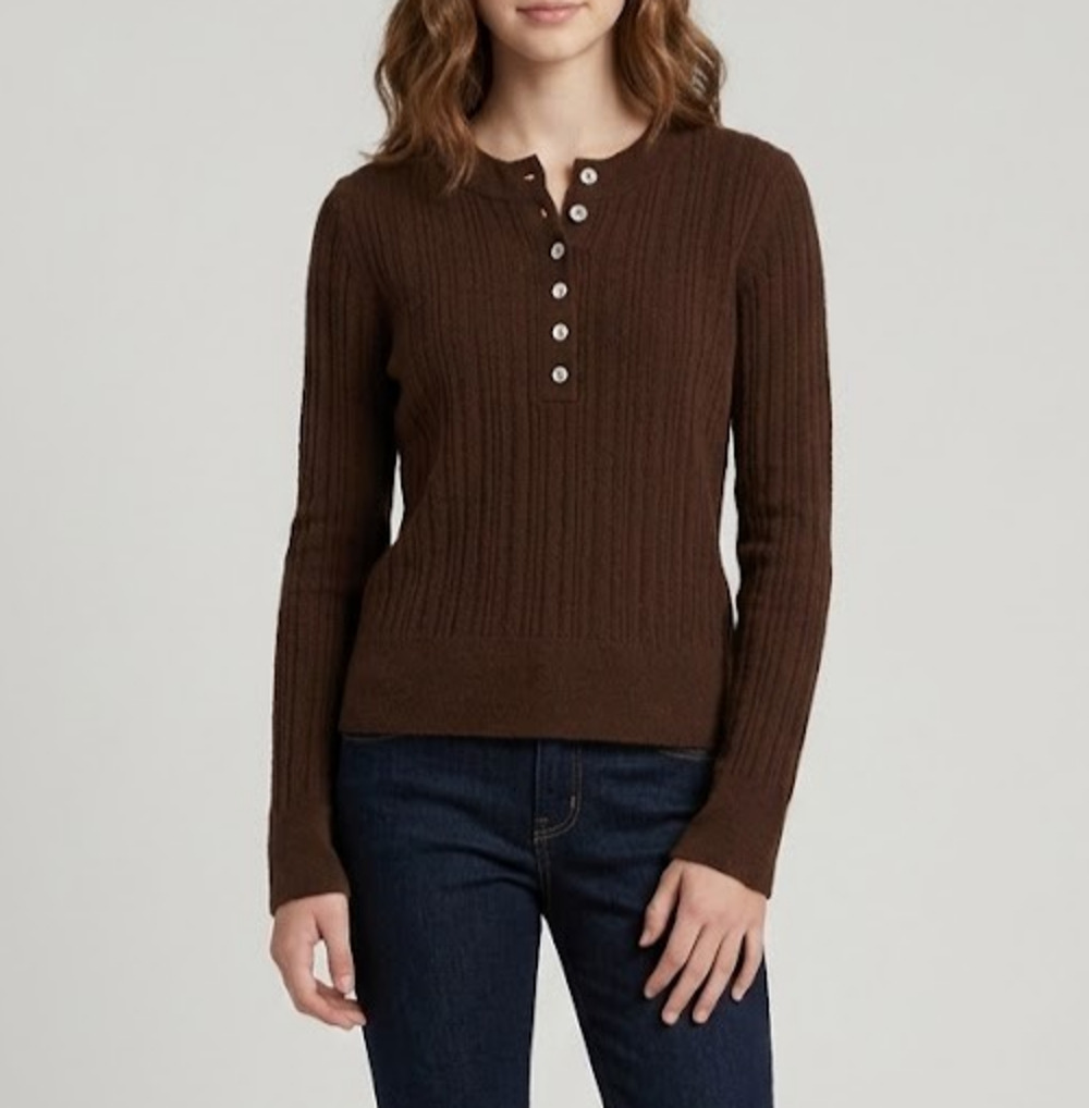 MAX STUDIO Girls XL 100% Extra Fine Merino Wool Sweater Brown Henley Ribbed Knit